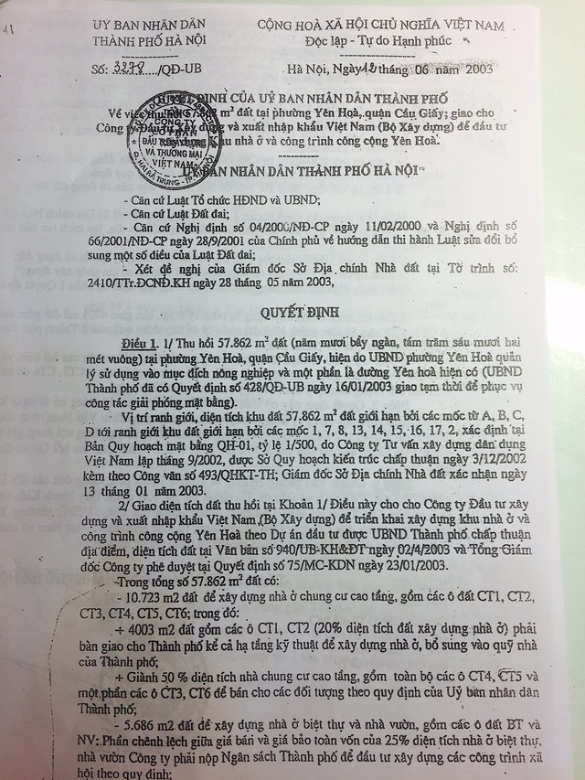 Văn bản do PCT UBND TP Hà Nội ký về việc dành 2.715m2 làm khuôn viên cây xanh