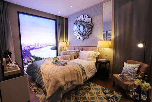 Phòng ngủ với nội thất cao cấp cùng tầm nhìn ra sông Sài Gòn tuyệt đẹp